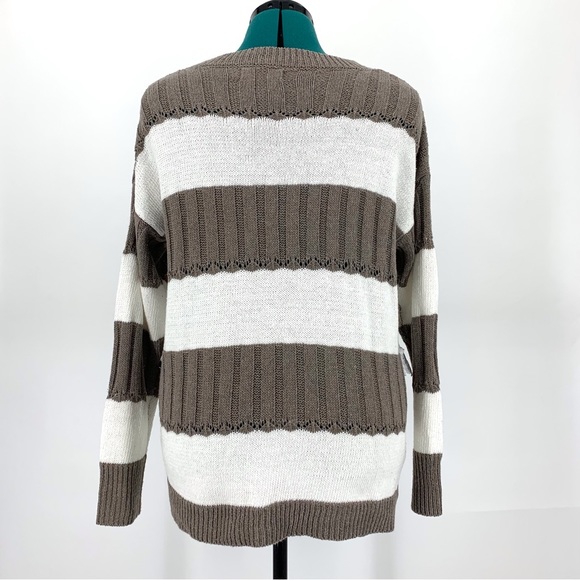 MISSLOOK Taupe and Cream Striped Long Sleeve Sweater with Lace Accents, Medium - Picture 8 of 15